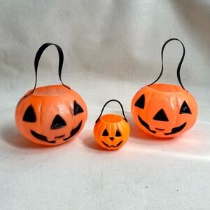 Vintage 1970s-1980s assorted blow mold jack-o-lantern pumpkin baskets, set of 3